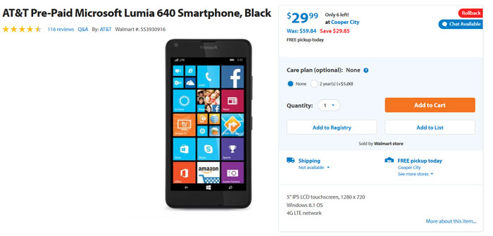 Walmart предлагают смартфоны Lumia 640 за $29